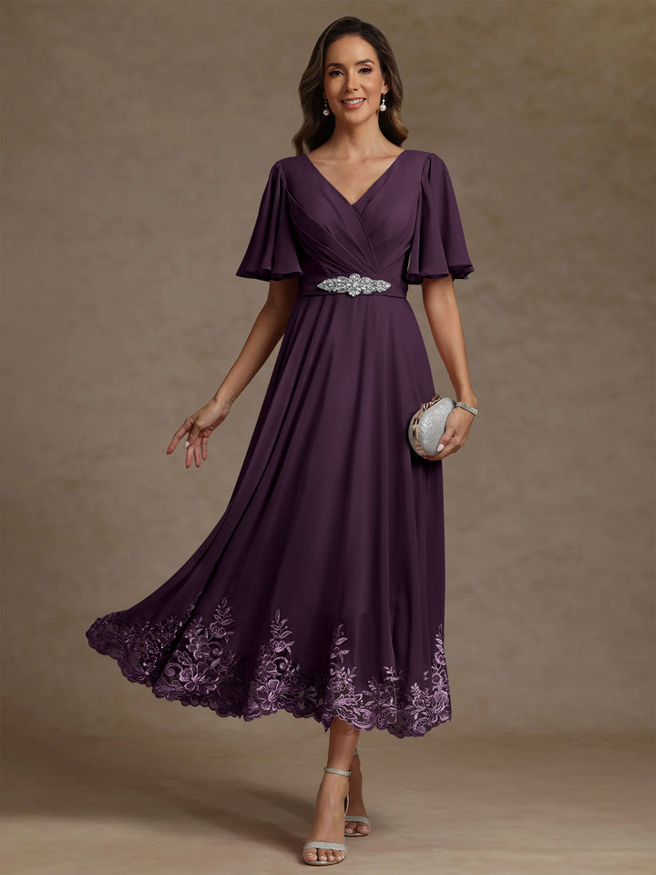 A-Line/Princess V Neck Mother of the Bride Dresses Short Sleeves Chiffon Lace Tea Length with Sash