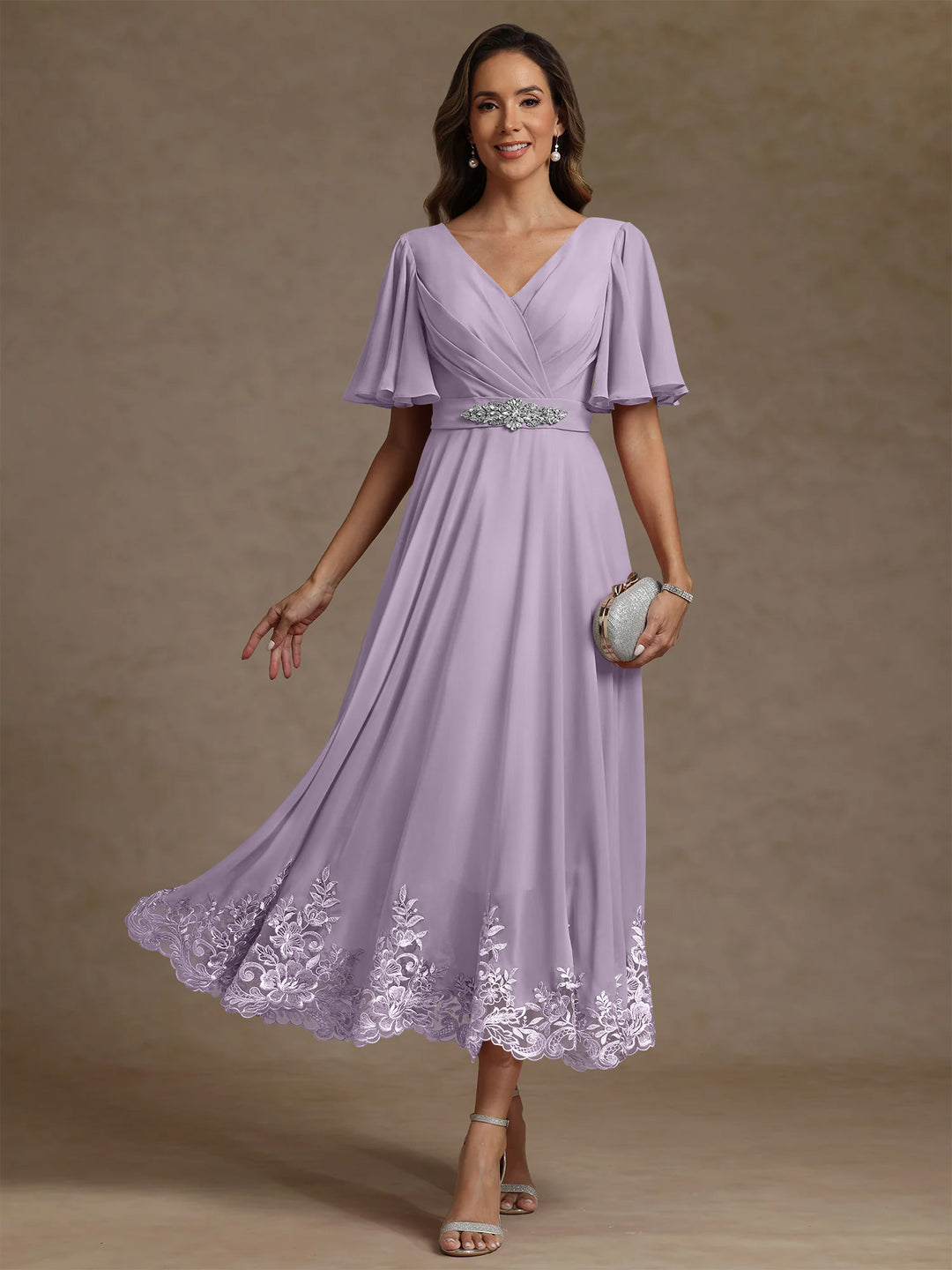 A-Line/Princess V Neck Mother of the Bride Dresses Short Sleeves Chiffon Lace Tea Length with Sash