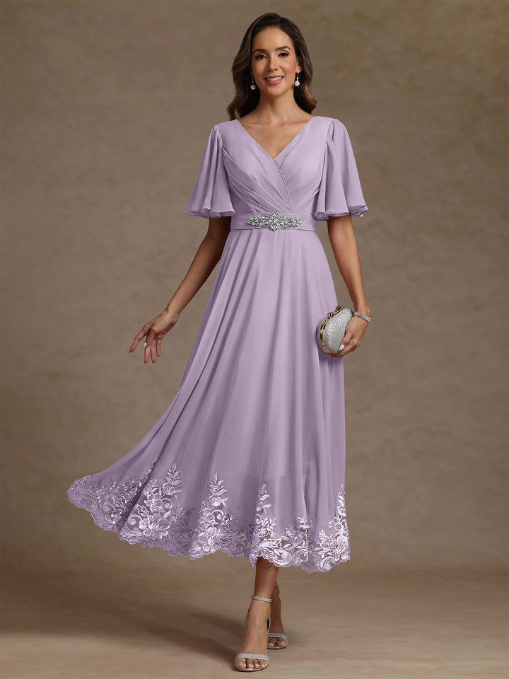 A-Line/Princess V Neck Mother of the Bride Dresses Short Sleeves Chiffon Lace Tea Length with Sash