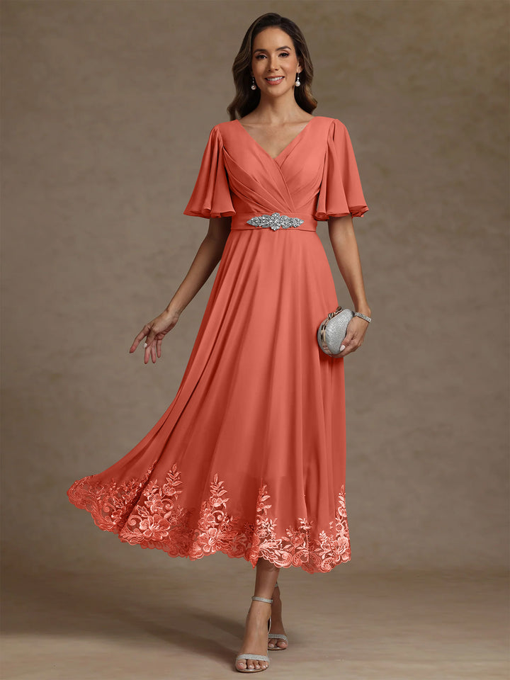 A-Line/Princess V Neck Mother of the Bride Dresses Short Sleeves Chiffon Lace Tea Length with Sash