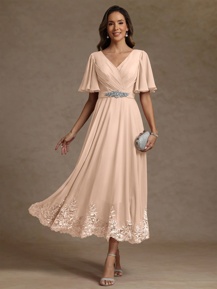 A-Line/Princess V Neck Mother of the Bride Dresses Short Sleeves Chiffon Lace Tea Length with Sash