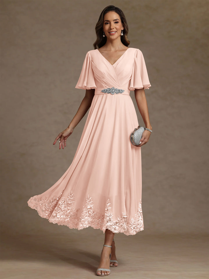 A-Line/Princess V Neck Mother of the Bride Dresses Short Sleeves Chiffon Lace Tea Length with Sash