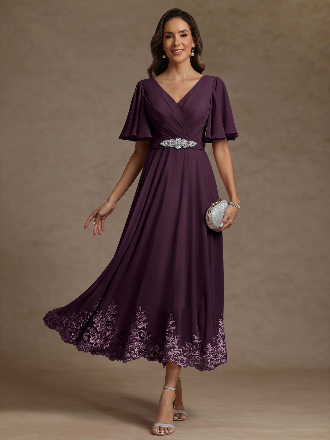A-Line/Princess V Neck Mother of the Bride Dresses Short Sleeves Chiffon Lace Tea Length with Sash Cabernet