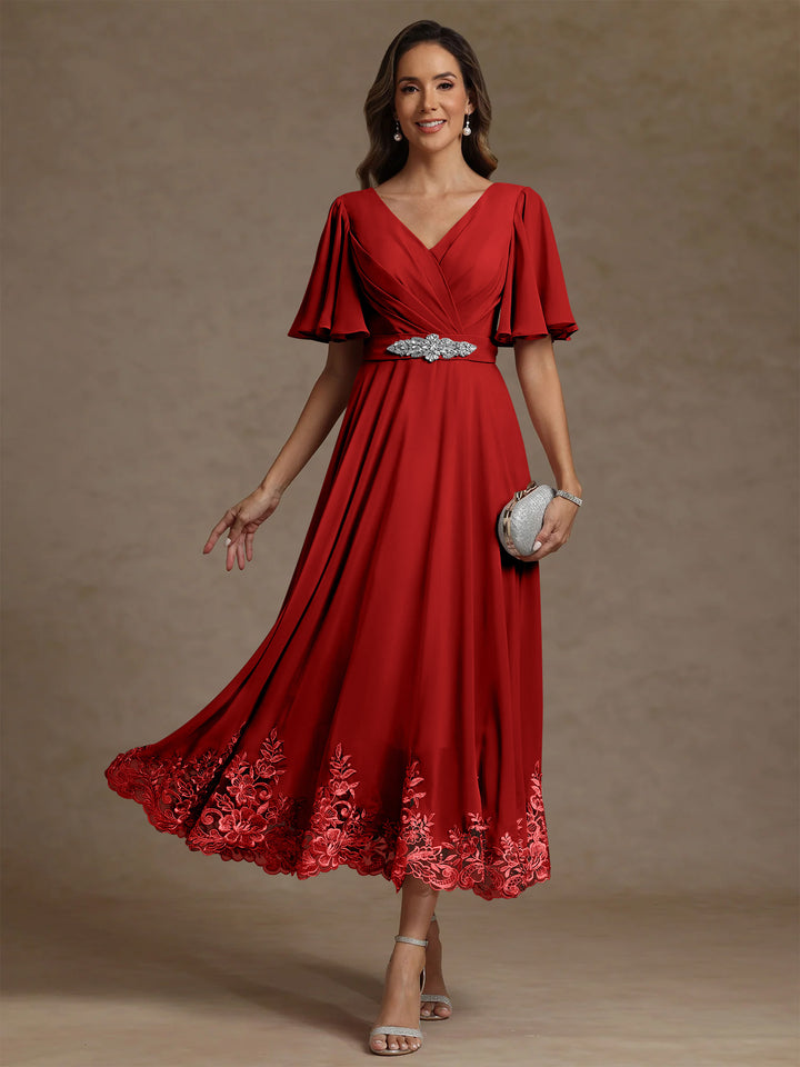 A-Line/Princess V Neck Mother of the Bride Dresses Short Sleeves Chiffon Lace Tea Length with Sash
