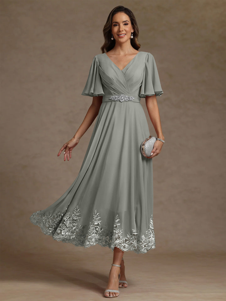 A-Line/Princess V Neck Mother of the Bride Dresses Short Sleeves Chiffon Lace Tea Length with Sash