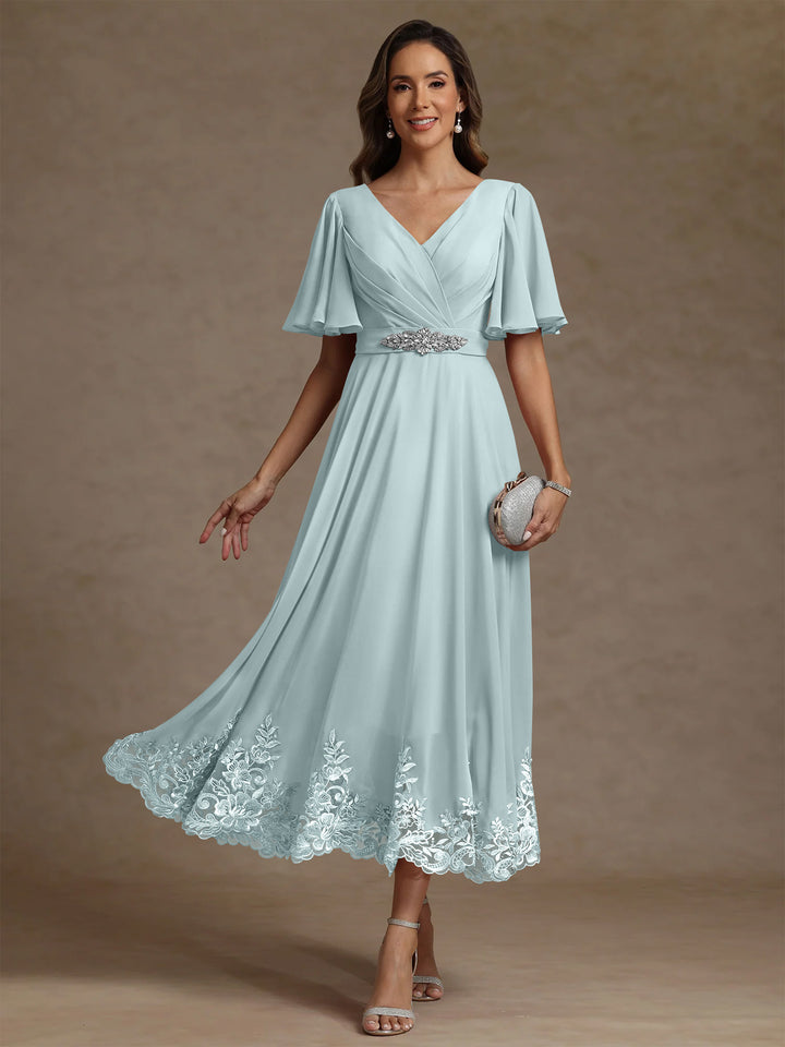 A-Line/Princess V Neck Mother of the Bride Dresses Short Sleeves Chiffon Lace Tea Length with Sash