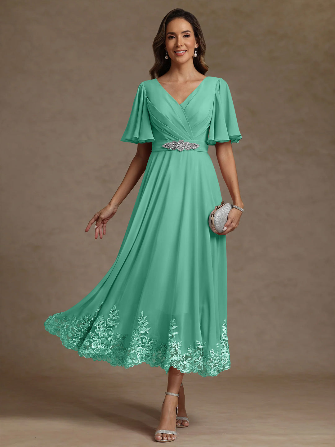 A-Line/Princess V Neck Mother of the Bride Dresses Short Sleeves Chiffon Lace Tea Length with Sash