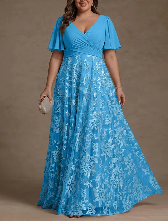 A-Line/Princess V-Neck Plus Size Mother of the Bride Dresses Short Sleeves Chiffon Lace Floor-Length Floral Ruched