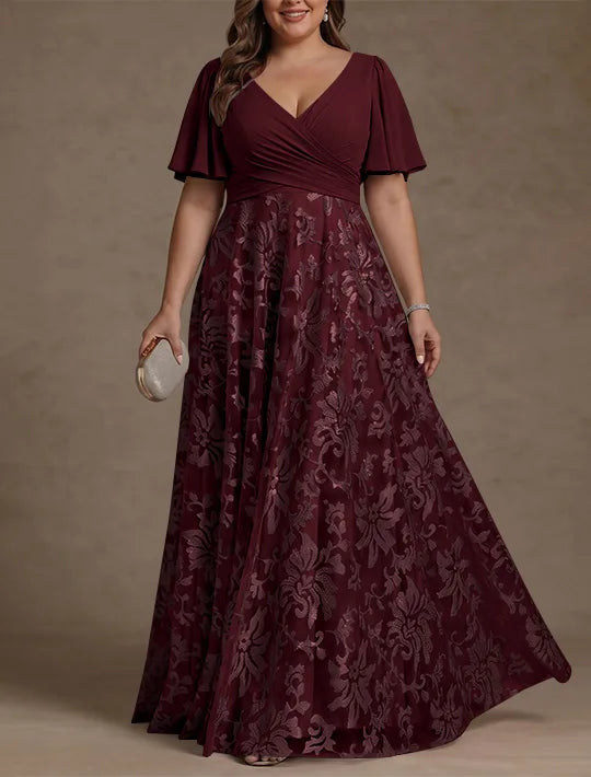 A-Line/Princess V-Neck Plus Size Mother of the Bride Dresses Short Sleeves Chiffon Lace Floor-Length Floral Ruched