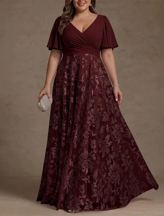 A-Line/Princess V-Neck Plus Size Mother of the Bride Dresses Short Sleeves Chiffon Lace Floor-Length Floral Ruched