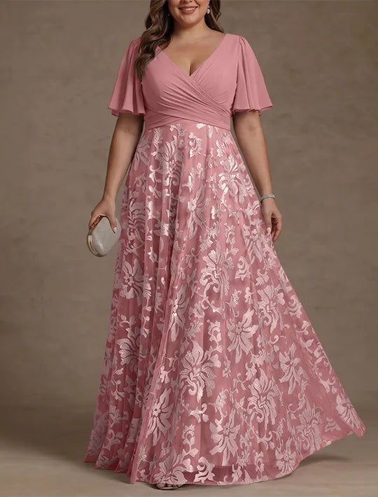 A-Line/Princess V-Neck Plus Size Mother of the Bride Dresses Short Sleeves Chiffon Lace Floor-Length Floral Ruched