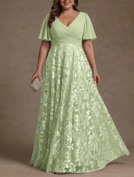 A-Line/Princess V-Neck Plus Size Mother of the Bride Dresses Short Sleeves Chiffon Lace Floor-Length Floral Ruched