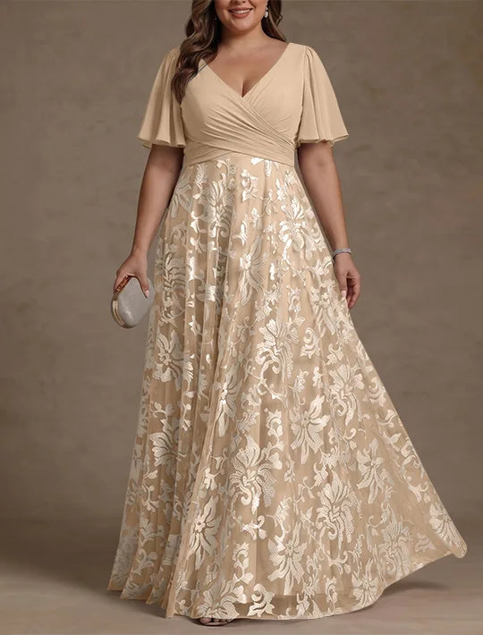 A-Line/Princess V-Neck Plus Size Mother of the Bride Dresses Short Sleeves Chiffon Lace Floor-Length Floral Ruched