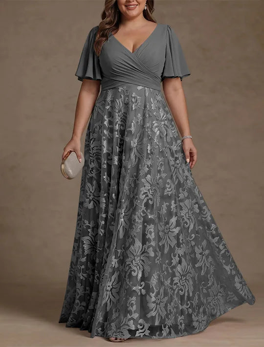 A-Line/Princess V-Neck Plus Size Mother of the Bride Dresses Short Sleeves Chiffon Lace Floor-Length Floral Ruched