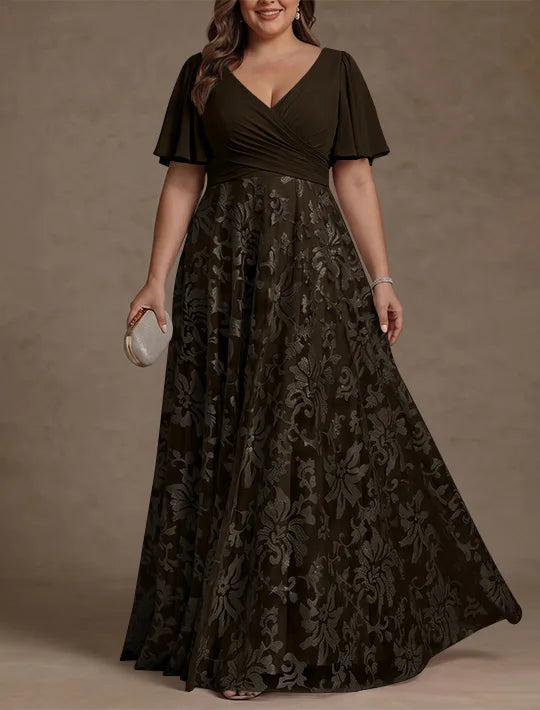 A-Line/Princess V-Neck Plus Size Mother of the Bride Dresses Short Sleeves Chiffon Lace Floor-Length Floral Ruched