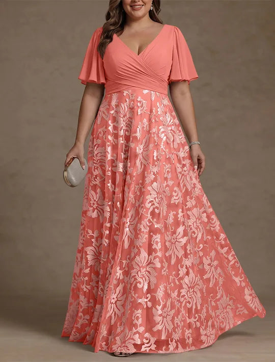 A-Line/Princess V-Neck Plus Size Mother of the Bride Dresses Short Sleeves Chiffon Lace Floor-Length Floral Ruched