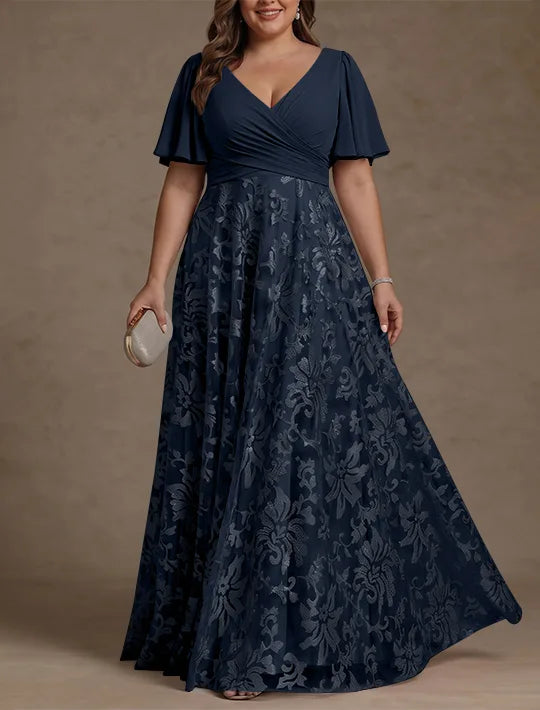 A-Line/Princess V-Neck Plus Size Mother of the Bride Dresses Short Sleeves Chiffon Lace Floor-Length Floral Ruched