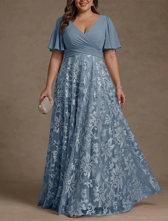 A-Line/Princess V-Neck Plus Size Mother of the Bride Dresses Short Sleeves Chiffon Lace Floor-Length Floral Ruched