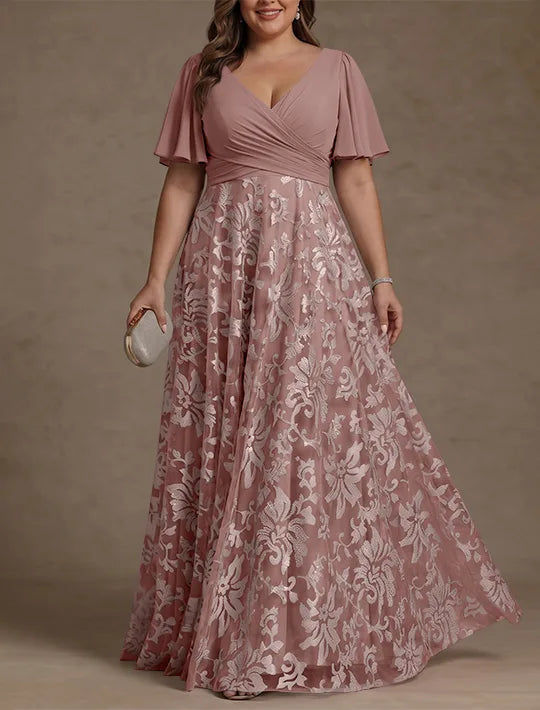 A-Line/Princess V-Neck Plus Size Mother of the Bride Dresses Short Sleeves Chiffon Lace Floor-Length Floral Ruched