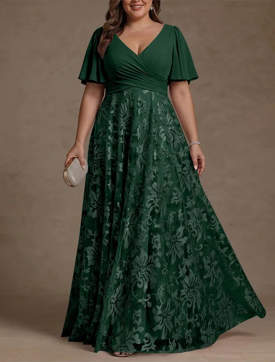 A-Line/Princess V-Neck Plus Size Mother of the Bride Dresses Short Sleeves Chiffon Lace Floor-Length Floral Ruched