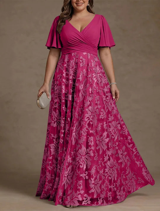 A-Line/Princess V-Neck Plus Size Mother of the Bride Dresses Short Sleeves Chiffon Lace Floor-Length Floral Ruched