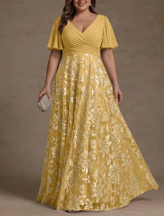 A-Line/Princess V-Neck Plus Size Mother of the Bride Dresses Short Sleeves Chiffon Lace Floor-Length Floral Ruched