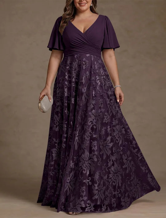 A-Line/Princess V-Neck Plus Size Mother of the Bride Dresses Short Sleeves Chiffon Lace Floor-Length Floral Ruched