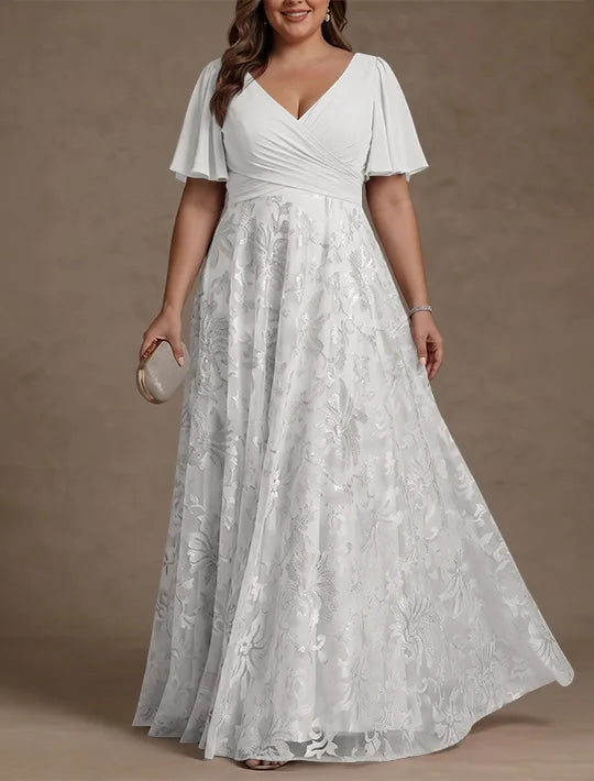 A-Line/Princess V-Neck Plus Size Mother of the Bride Dresses Short Sleeves Chiffon Lace Floor-Length Floral Ruched