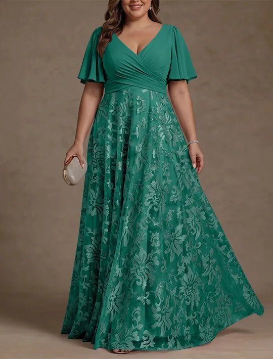 A-Line/Princess V-Neck Plus Size Mother of the Bride Dresses Short Sleeves Chiffon Lace Floor-Length Floral Ruched