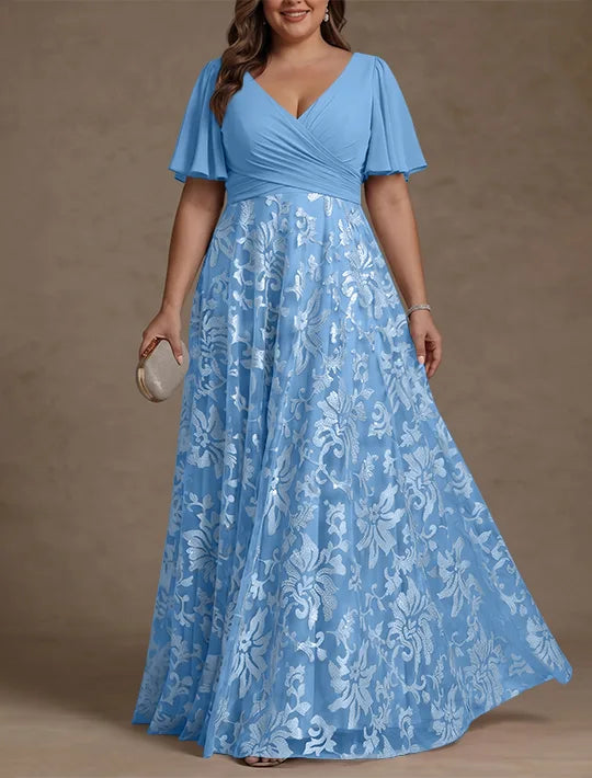 A-Line/Princess V-Neck Plus Size Mother of the Bride Dresses Short Sleeves Chiffon Lace Floor-Length Floral Ruched