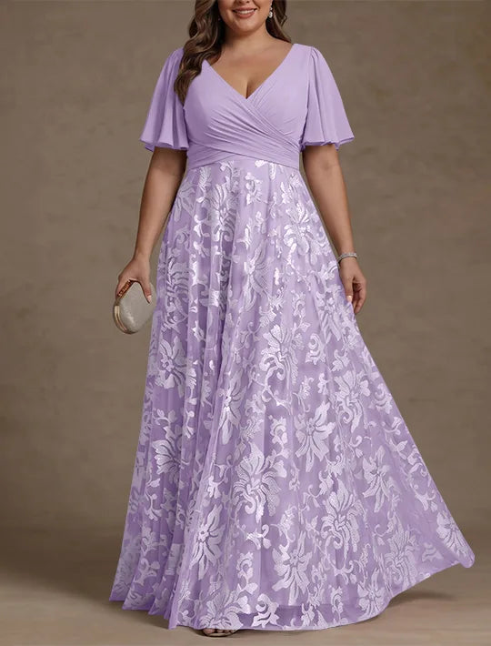 A-Line/Princess V-Neck Plus Size Mother of the Bride Dresses Short Sleeves Chiffon Lace Floor-Length Floral Ruched