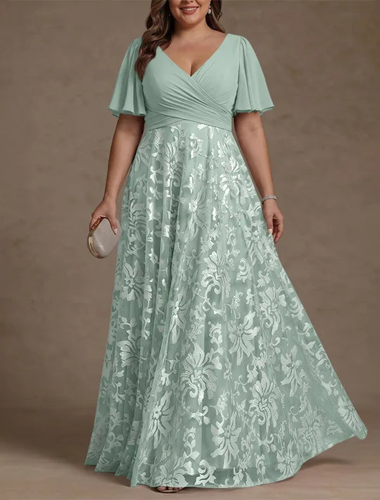 A-Line/Princess V-Neck Plus Size Mother of the Bride Dresses Short Sleeves Chiffon Lace Floor-Length Floral Ruched