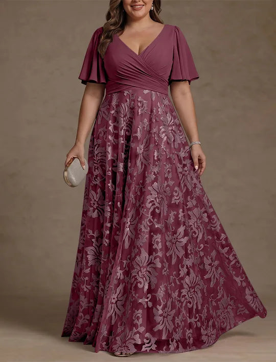 A-Line/Princess V-Neck Plus Size Mother of the Bride Dresses Short Sleeves Chiffon Lace Floor-Length Floral Ruched