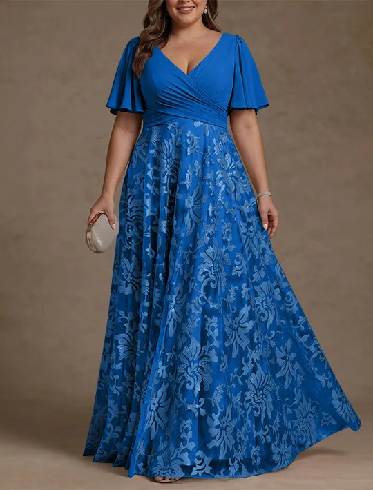 A-Line/Princess V-Neck Plus Size Mother of the Bride Dresses Short Sleeves Chiffon Lace Floor-Length Floral Ruched