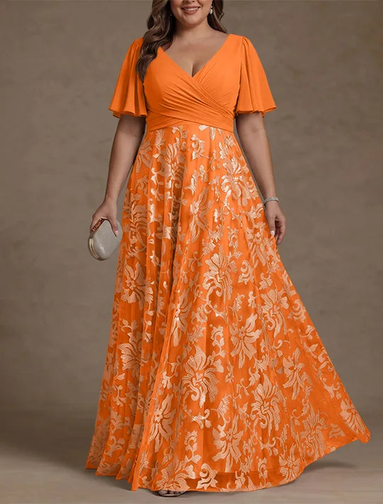 A-Line/Princess V-Neck Plus Size Mother of the Bride Dresses Short Sleeves Chiffon Lace Floor-Length Floral Ruched