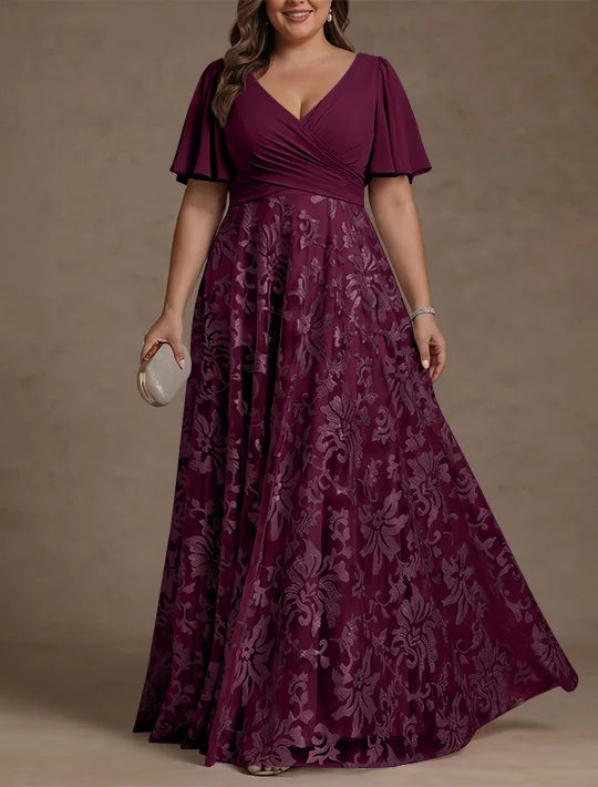 A-Line/Princess V-Neck Plus Size Mother of the Bride Dresses Short Sleeves Chiffon Lace Floor-Length Floral Ruched