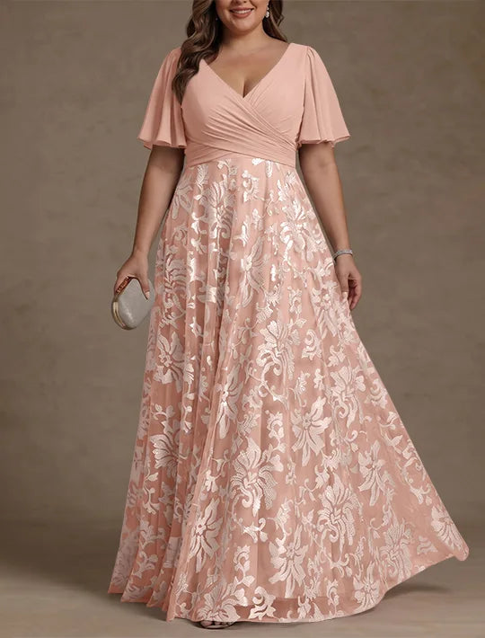 A-Line/Princess V-Neck Plus Size Mother of the Bride Dresses Short Sleeves Chiffon Lace Floor-Length Floral Ruched