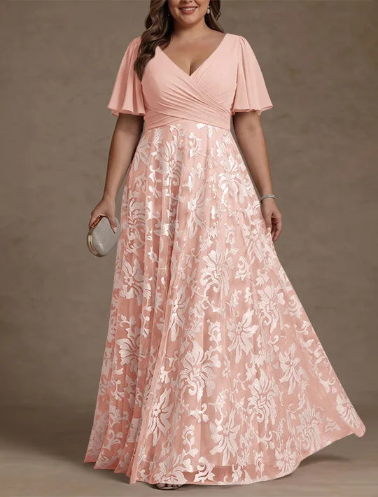 A-Line/Princess V-Neck Plus Size Mother of the Bride Dresses Short Sleeves Chiffon Lace Floor-Length Floral Ruched