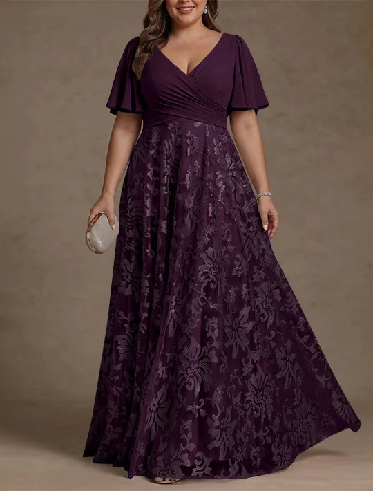 A-Line/Princess V-Neck Plus Size Mother of the Bride Dresses Short Sleeves Chiffon Lace Floor-Length Floral Ruched