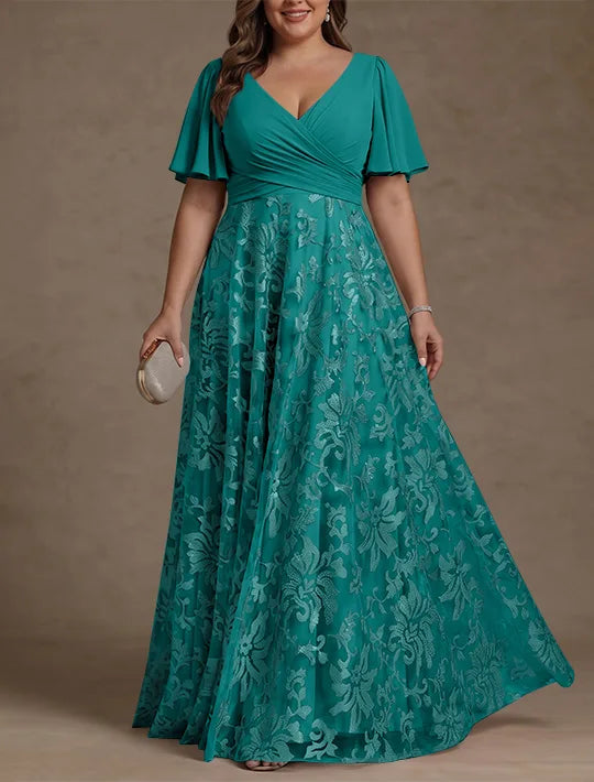 A-Line/Princess V-Neck Plus Size Mother of the Bride Dresses Short Sleeves Chiffon Lace Floor-Length Floral Ruched