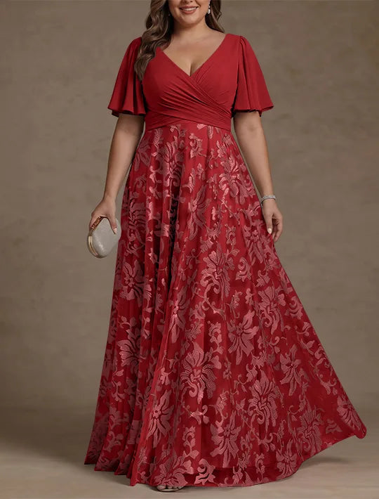 A-Line/Princess V-Neck Plus Size Mother of the Bride Dresses Short Sleeves Chiffon Lace Floor-Length Floral Ruched