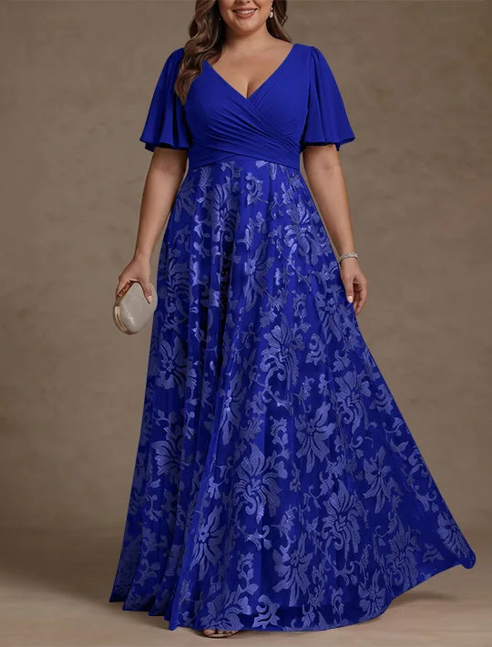 A-Line/Princess V-Neck Plus Size Mother of the Bride Dresses Short Sleeves Chiffon Lace Floor-Length Floral Ruched