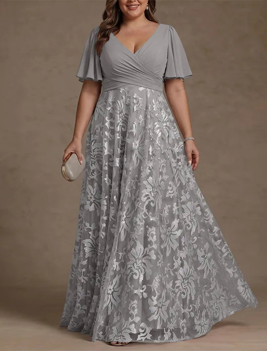 A-Line/Princess V-Neck Plus Size Mother of the Bride Dresses Short Sleeves Chiffon Lace Floor-Length Floral Ruched