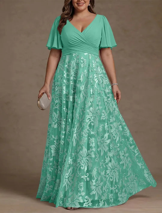 A-Line/Princess V-Neck Plus Size Mother of the Bride Dresses Short Sleeves Chiffon Lace Floor-Length Floral Ruched