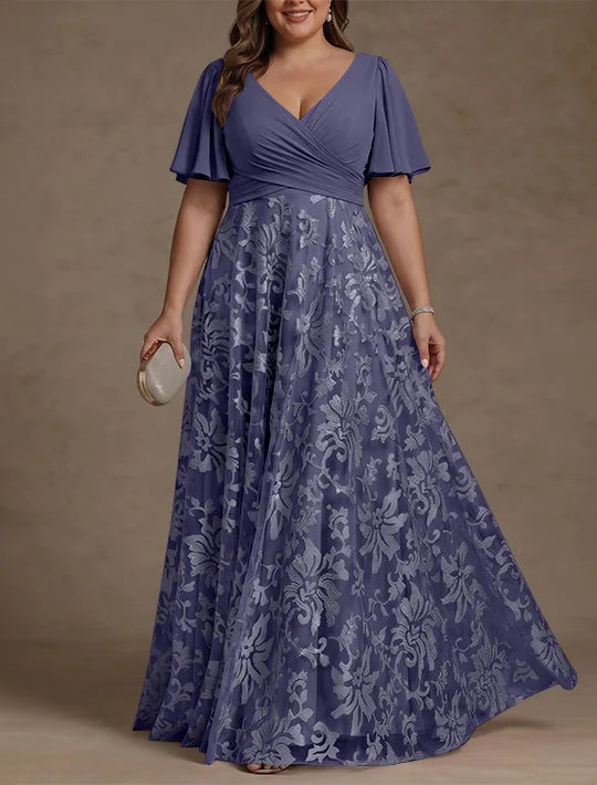 A-Line/Princess V-Neck Plus Size Mother of the Bride Dresses Short Sleeves Chiffon Lace Floor-Length Floral Ruched