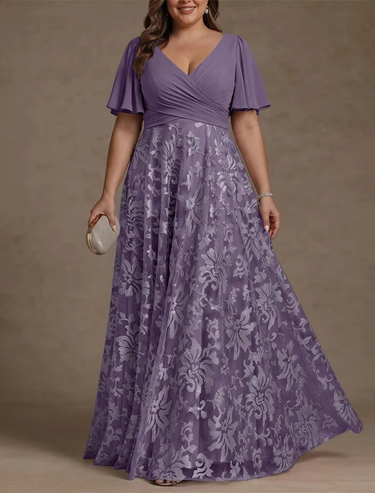 A-Line/Princess V-Neck Plus Size Mother of the Bride Dresses Short Sleeves Chiffon Lace Floor-Length Floral Ruched