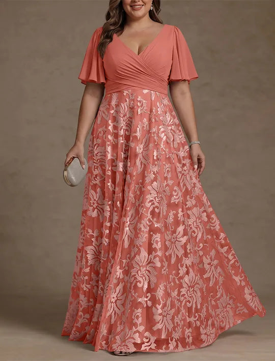 A-Line/Princess V-Neck Plus Size Mother of the Bride Dresses Short Sleeves Chiffon Lace Floor-Length Floral Ruched