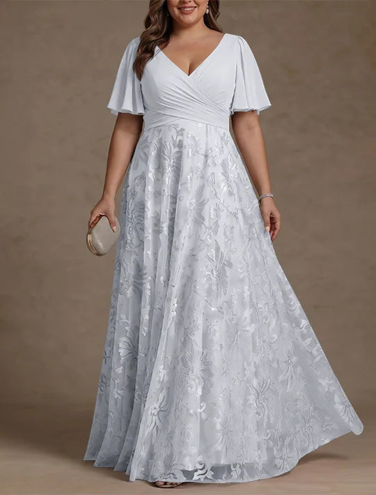 A-Line/Princess V-Neck Plus Size Mother of the Bride Dresses Short Sleeves Chiffon Lace Floor-Length Floral Ruched
