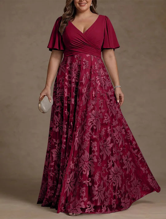 A-Line/Princess V-Neck Plus Size Mother of the Bride Dresses Short Sleeves Chiffon Lace Floor-Length Floral Ruched