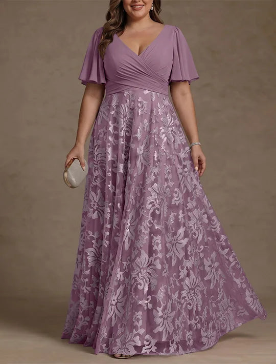 A-Line/Princess V-Neck Plus Size Mother of the Bride Dresses Short Sleeves Chiffon Lace Floor-Length Floral Ruched